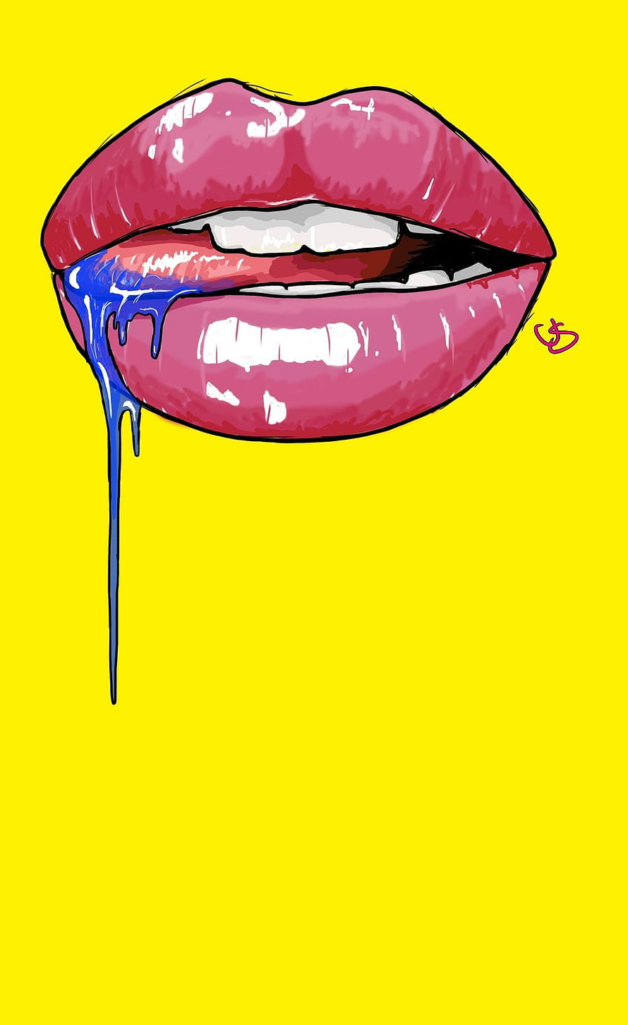 Pop Art Glossy Lips with Dripping Blue Paint on Vibrant Yellow Background HD phone wallpaper