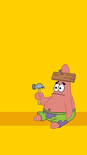 Patrick Star Holding Hammer With Wooden Board On Head Against Yellow Background HD phone wallpaper