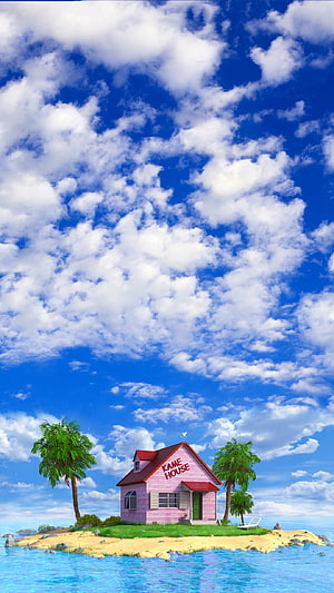 Kame House on a Tropical Island Under a Bright Blue Sky HD phone wallpaper