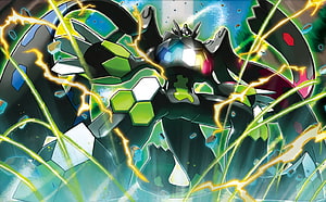 Zygarde 50% Forme Electric Attack Artwork with Lightning and Hexagonal Patterns HD wallpaper