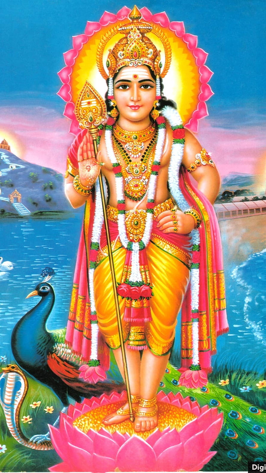 Lord Murugan Standing on Lotus with Peacock and Serpent in Traditional Indian Art HD phone wallpaper