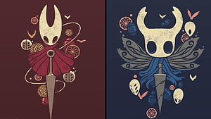 Hollow Knight Hornet and Silksong Character Art with Stylized Masks and Swords HD wallpaper