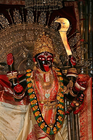 Ornate Mahakali Temple Idol with Golden Crown and Garland HD phone wallpaper