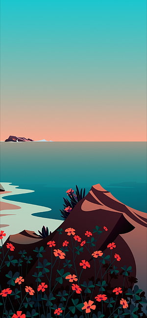 Minimalist Coastal Landscape with Wildflowers and Ocean Horizon HD phone wallpaper