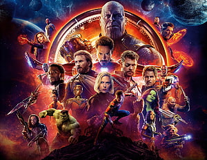 Avengers Infinity War Ensemble Cast Poster Featuring Thanos and Superheroes in Cosmic Space HD wallpaper