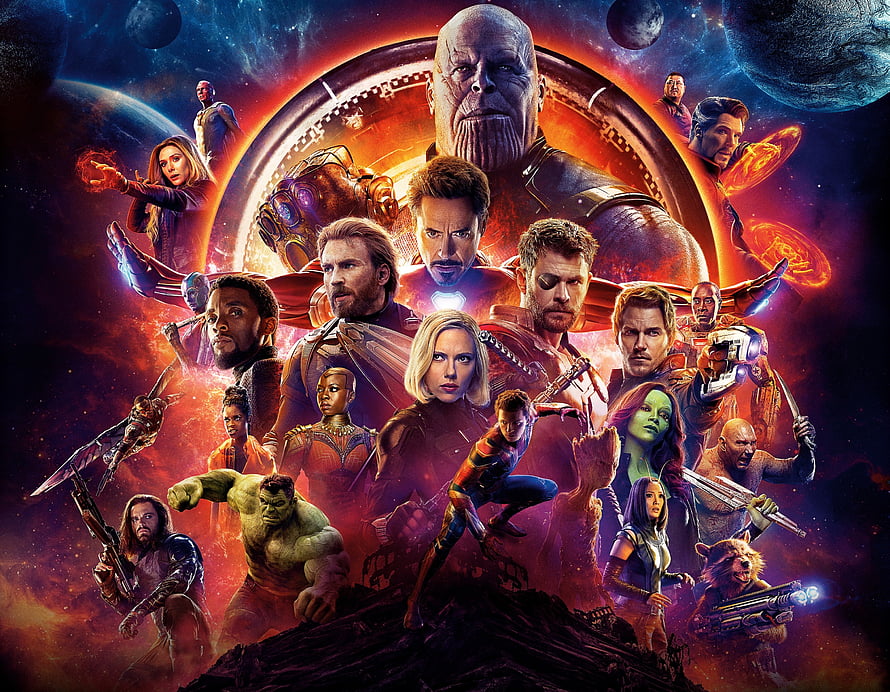 Avengers Infinity War Ensemble Cast Poster Featuring Thanos and Superheroes in Cosmic Space HD wallpaper