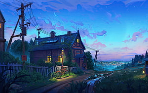 Cozy Countryside Cottage at Dusk with Warm Windows and Starry Sky Digital Painting HD wallpaper