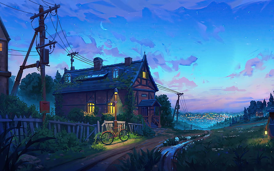 Cozy Countryside Cottage at Dusk with Warm Windows and Starry Sky Digital Painting HD wallpaper
