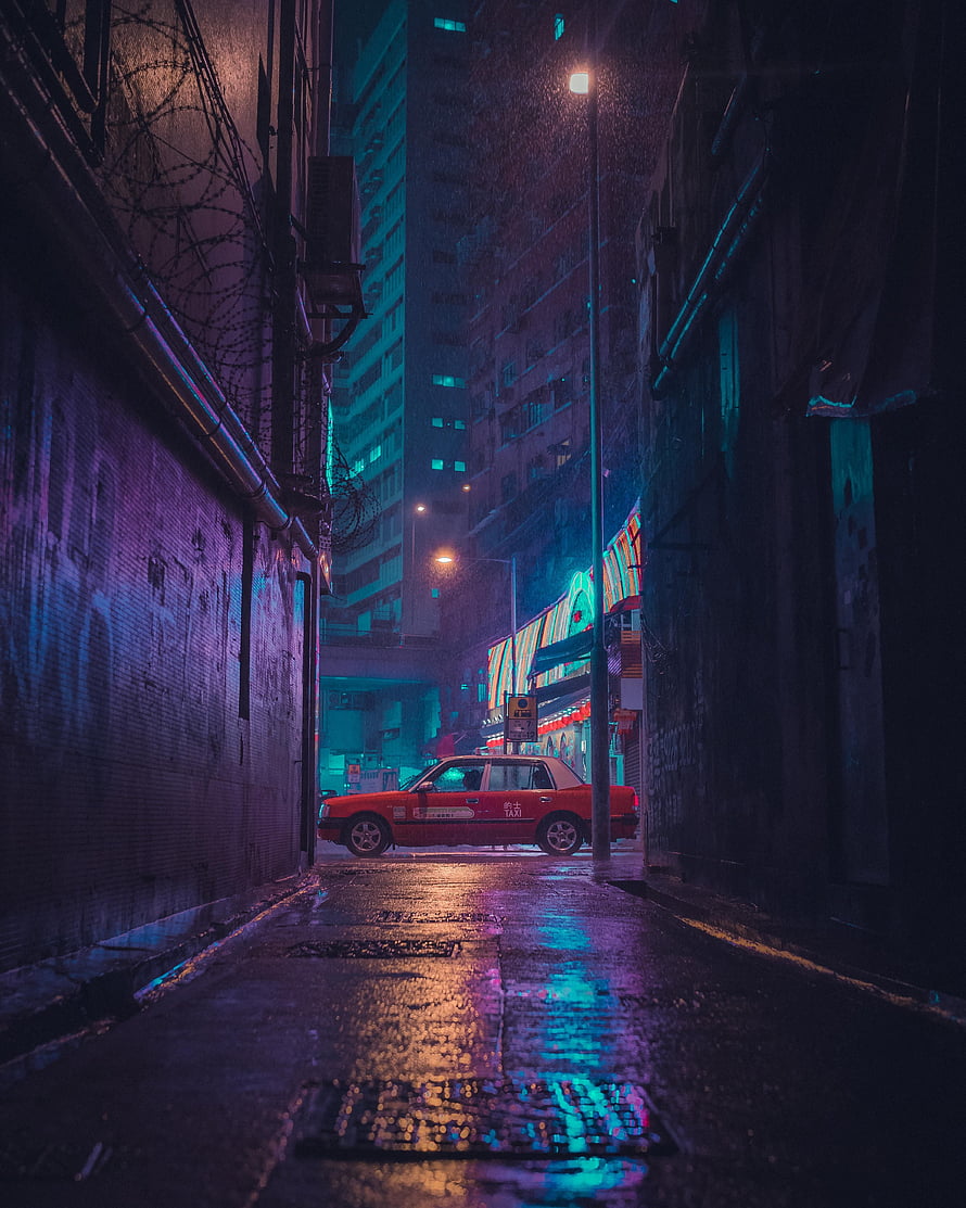Cyberpunk Alley at Night with Red Taxi and Neon Rain Reflections HD phone wallpaper