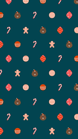 Cute Flat Design Christmas Pattern with Bears, Candy Canes, and Ornaments on Teal Background HD phone wallpaper