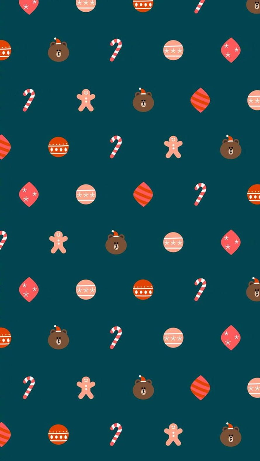 Cute Flat Design Christmas Pattern with Bears, Candy Canes, and Ornaments on Teal Background HD phone wallpaper
