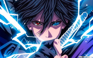 Sasuke Uchiha with Heterochromia Eyes and Glowing Blue Energy in Anime Style HD wallpaper