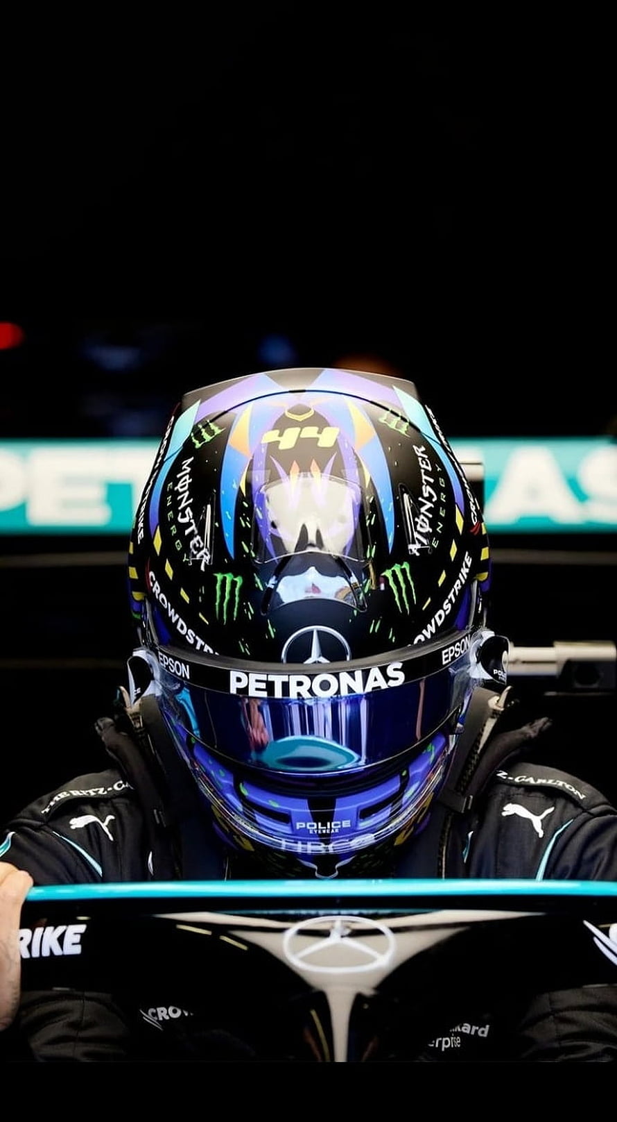 Lewis Hamilton in Mercedes Petronas Racing Helmet with Number 44 HD phone wallpaper