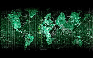 Digital World Map with Green Matrix Code and Cybersecurity Grid Overlay HD wallpaper