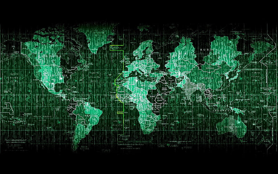 Digital World Map with Green Matrix Code and Cybersecurity Grid Overlay HD wallpaper