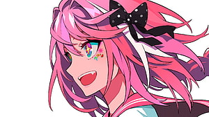 Pink-Haired Anime Girl with Black Bow and Star Eyes HD wallpaper