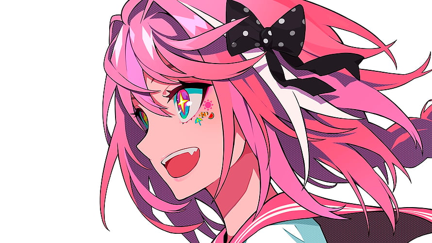 Pink-Haired Anime Girl with Black Bow and Star Eyes HD wallpaper