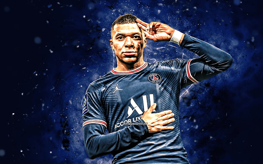 Kylian Mbappe in Paris Saint-Germain Kit Performing Signature Celebration Pose HD wallpaper