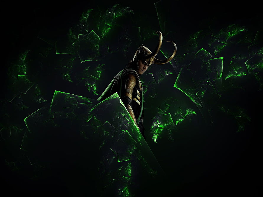 Loki from Marvel's The Avengers in a dark scene with glowing green energy shards and his iconic horned helmet HD wallpaper