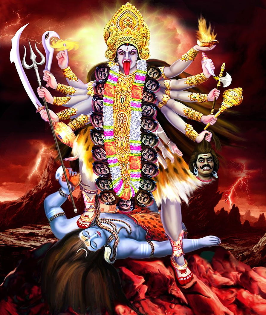 Kali Maa Divine Artwork with Multiple Arms and Trishul in Dramatic Red Landscape HD phone wallpaper