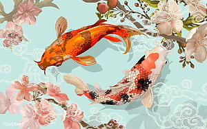 Japanese Koi Fish and Cherry Blossoms Illustration with Traditional Cloud Patterns HD wallpaper