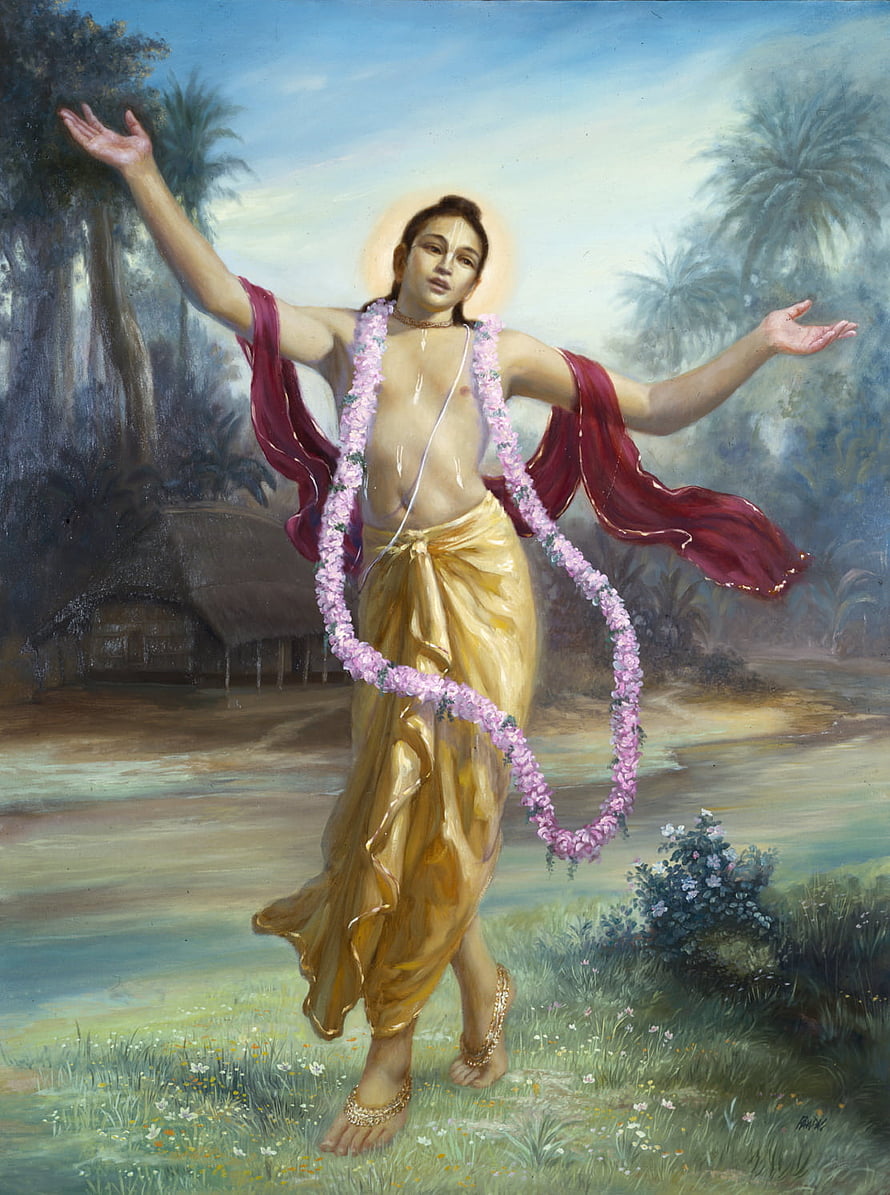 Chaitanya Mahaprabhu in a tropical landscape with floral garland and red sash HD phone wallpaper