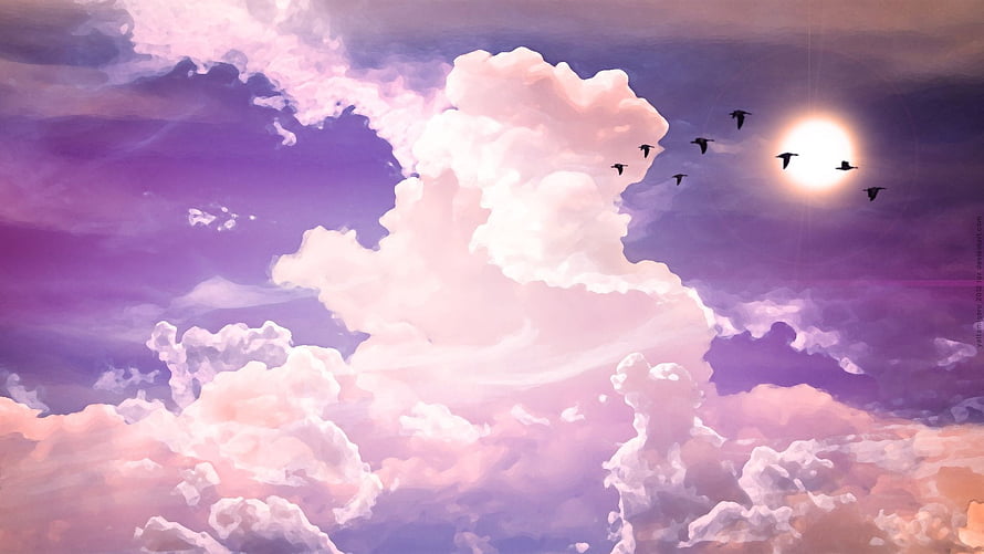 Dreamy Purple and Pink Clouds with Birds Flying Toward the Sun HD wallpaper