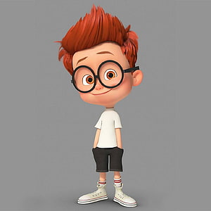 Cute 3D cartoon boy with red hair and round glasses standing on gray background HD phone wallpaper