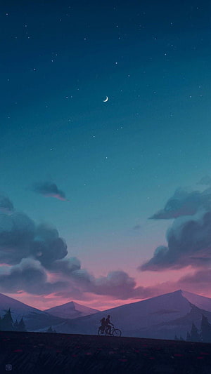 Cyclist Silhouette on Mountain Ridge Under Starry Twilight Sky HD phone wallpaper