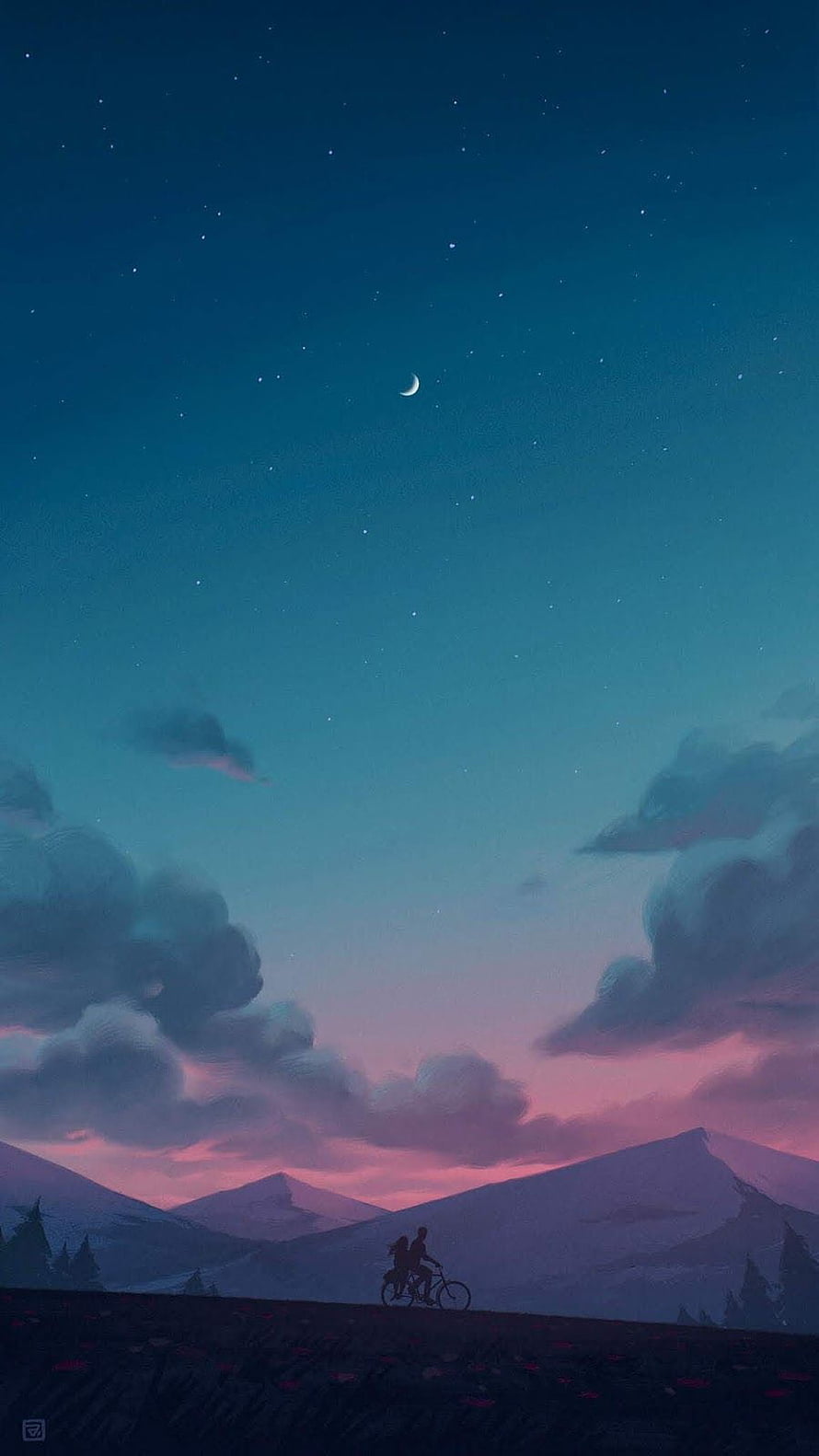 Cyclist Silhouette on Mountain Ridge Under Starry Twilight Sky HD phone wallpaper