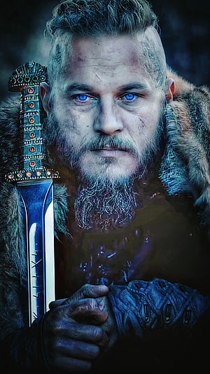 Viking Warrior Portrait with Ornate Sword and Fur Cloak HD phone wallpaper