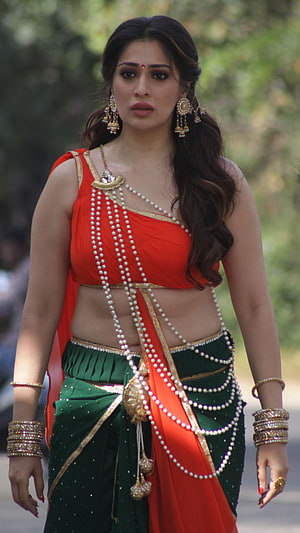 Lakshmi Rai in Traditional Red and Green Saree with Pearl Jewelry HD phone wallpaper
