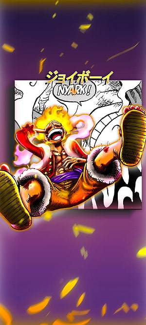 Monkey D. Luffy Gear 5 Nika Form Manga Panel with Fire Aura and Purple Background HD phone wallpaper
