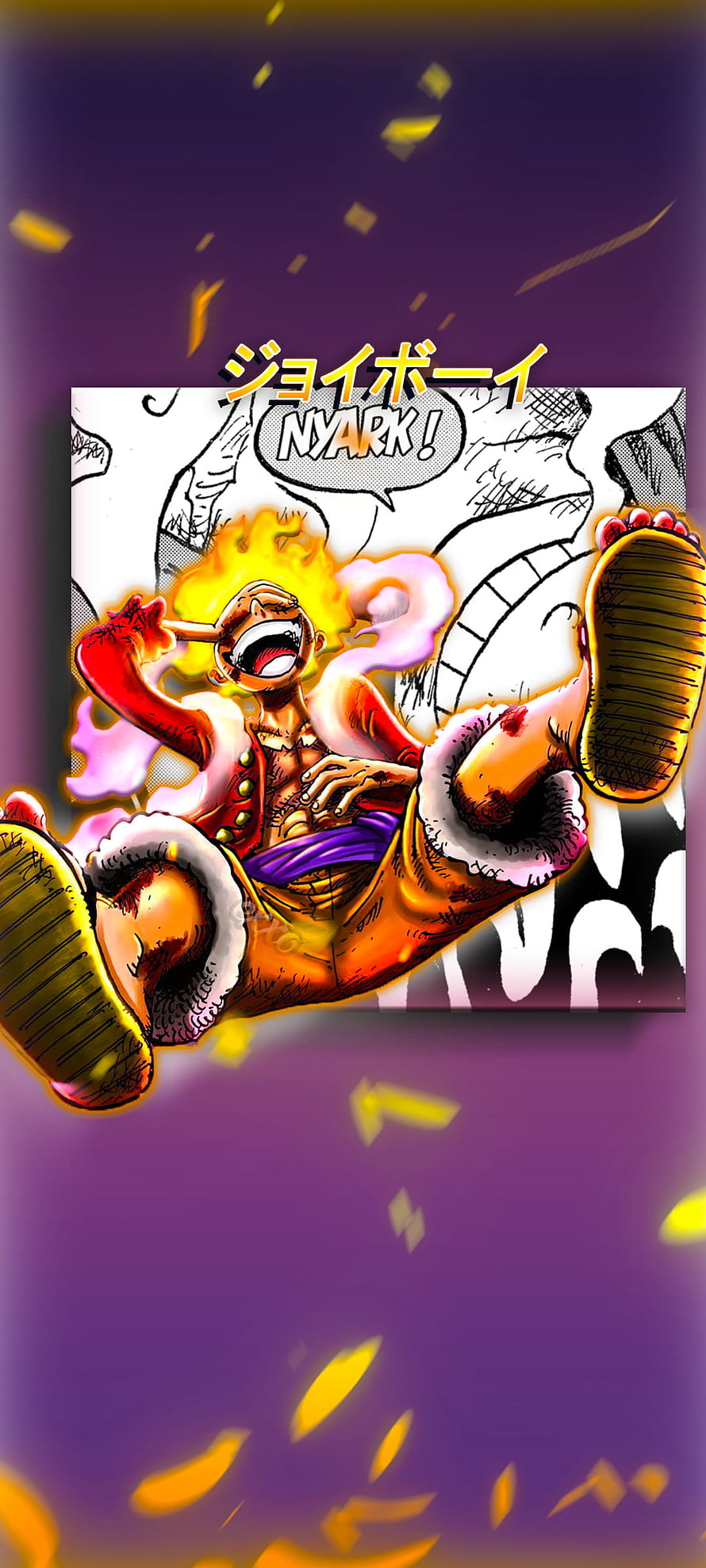 Monkey D. Luffy Gear 5 Nika Form Manga Panel with Fire Aura and Purple Background HD phone wallpaper