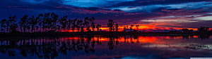 Vivid sunset over a calm lake with silhouetted trees and dramatic clouds HD wallpaper