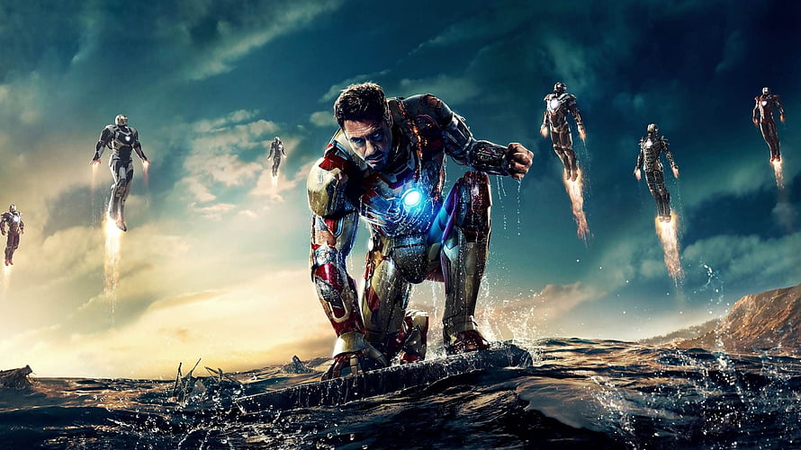 Iron Man Mark 85 Landing on Rocky Terrain with Multiple Suits in Flight HD wallpaper