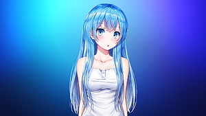 Blue-Haired Anime Girl in White Dress Against Gradient Background HD wallpaper