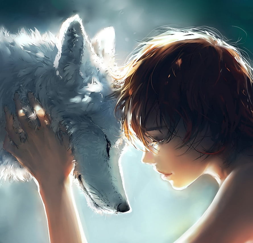 Princess Mononoke Anime Girl Gently Holding White Wolf in Soft Light HD wallpaper