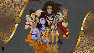 Ramayana Family Portrait Illustration Featuring Lord Rama, Sita, Lakshmana, and Hanuman HD wallpaper