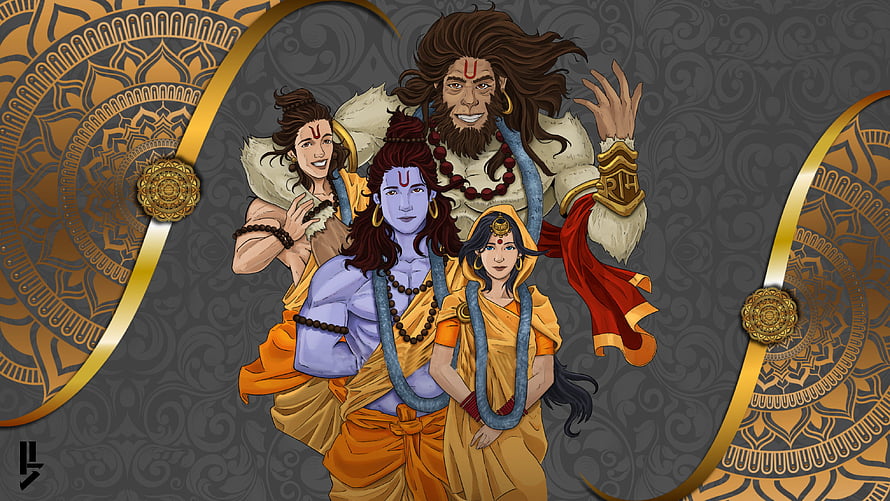 Ramayana Family Portrait Illustration Featuring Lord Rama, Sita, Lakshmana, and Hanuman HD wallpaper