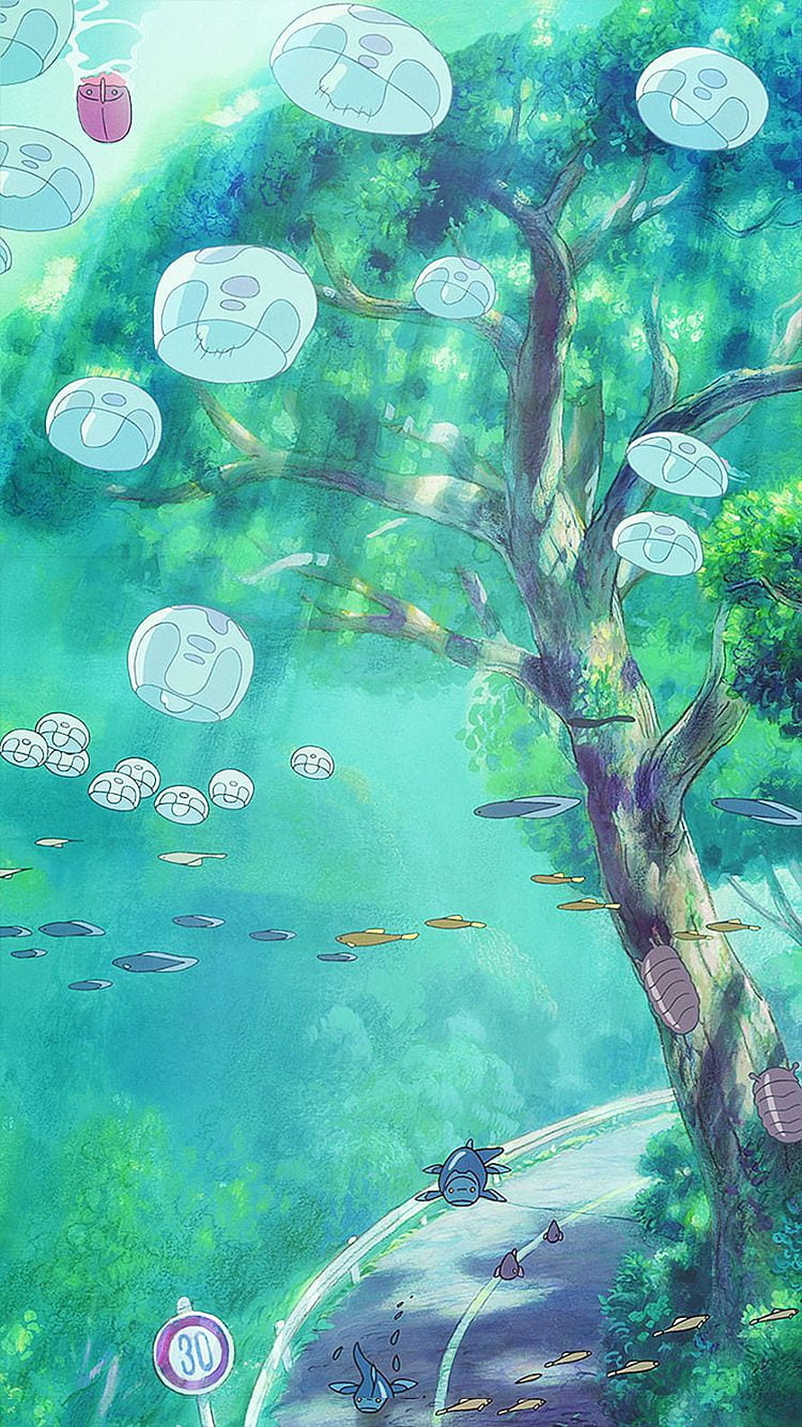 Ponyo Studio Ghibli Watercolor Forest Scene with Floating Creatures and Winding Road HD phone wallpaper