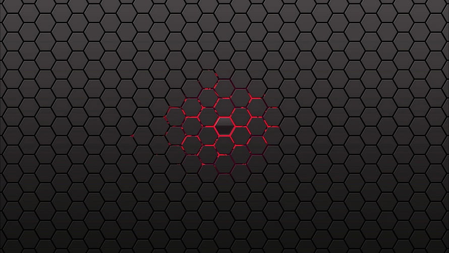 Dark Hexagonal Grid Pattern with Glowing Red Center Accent HD wallpaper