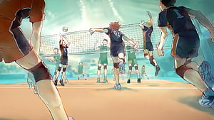 Haikyuu Volleyball Match Anime Illustration with Dynamic Player Action HD wallpaper