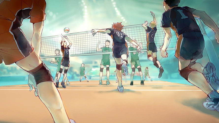 Haikyuu Volleyball Match Anime Illustration with Dynamic Player Action HD wallpaper