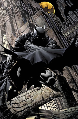 Batman Perched on Gargoyle in Dark Gotham Cityscape with Full Moon HD phone wallpaper