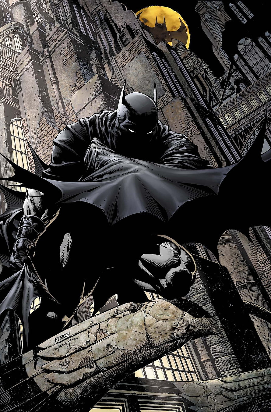 Batman Perched on Gargoyle in Dark Gotham Cityscape with Full Moon HD phone wallpaper