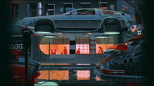 Retro Futuristic Cityscape with Hovering Car and Neon Rain HD wallpaper