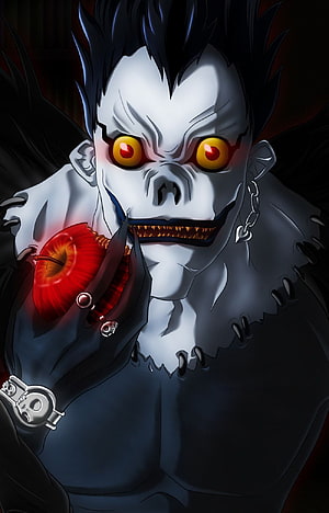 Ryuk from Death Note Holding a Red Apple in Dark Anime Illustration HD phone wallpaper