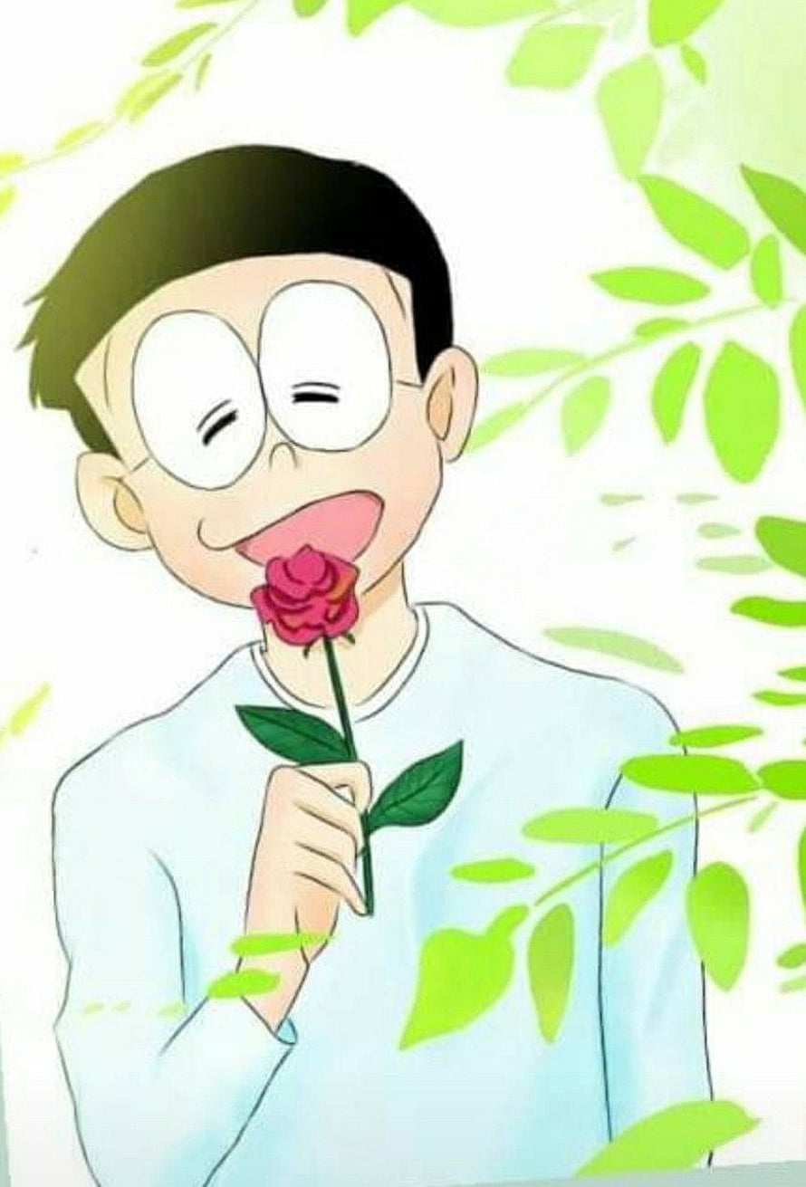 Nobita Nobi from Doraemon Holding a Red Rose Under Green Leaves HD phone wallpaper