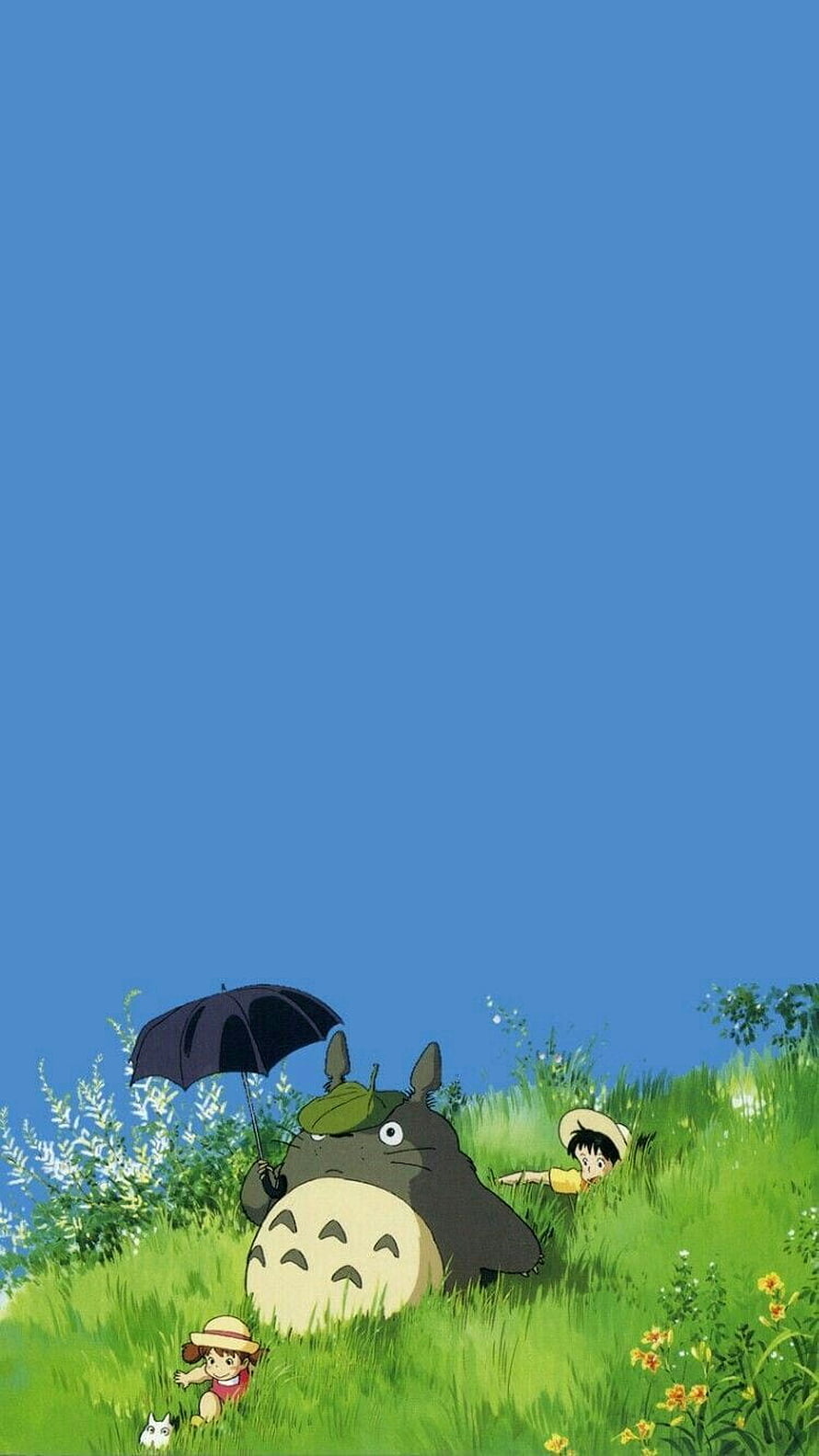 My Neighbor Totoro: Totoro, Satsuki, and Mei in a Sunny Meadow with a Black Umbrella HD phone wallpaper